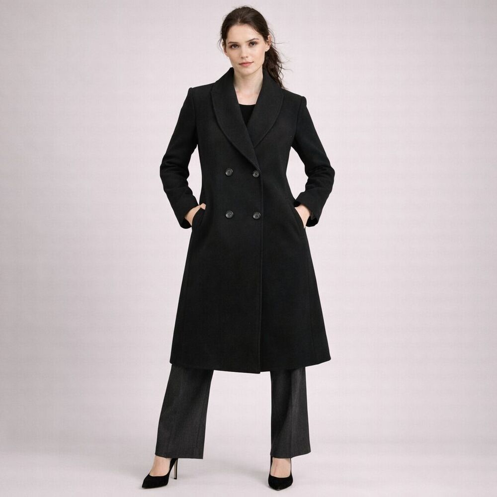 Vintage Wool Coat Long Line Womens 8P Black Double Breasted Military PeaCoat